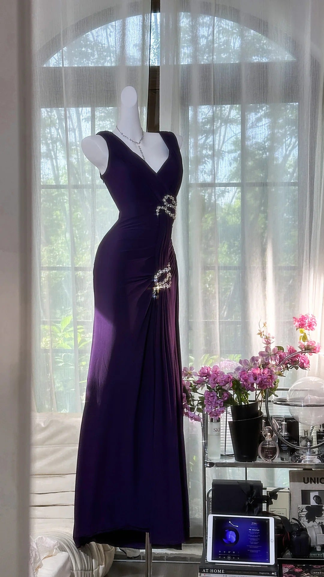 Elegant Purple Strapless Chiffon Long Prom Dresses
