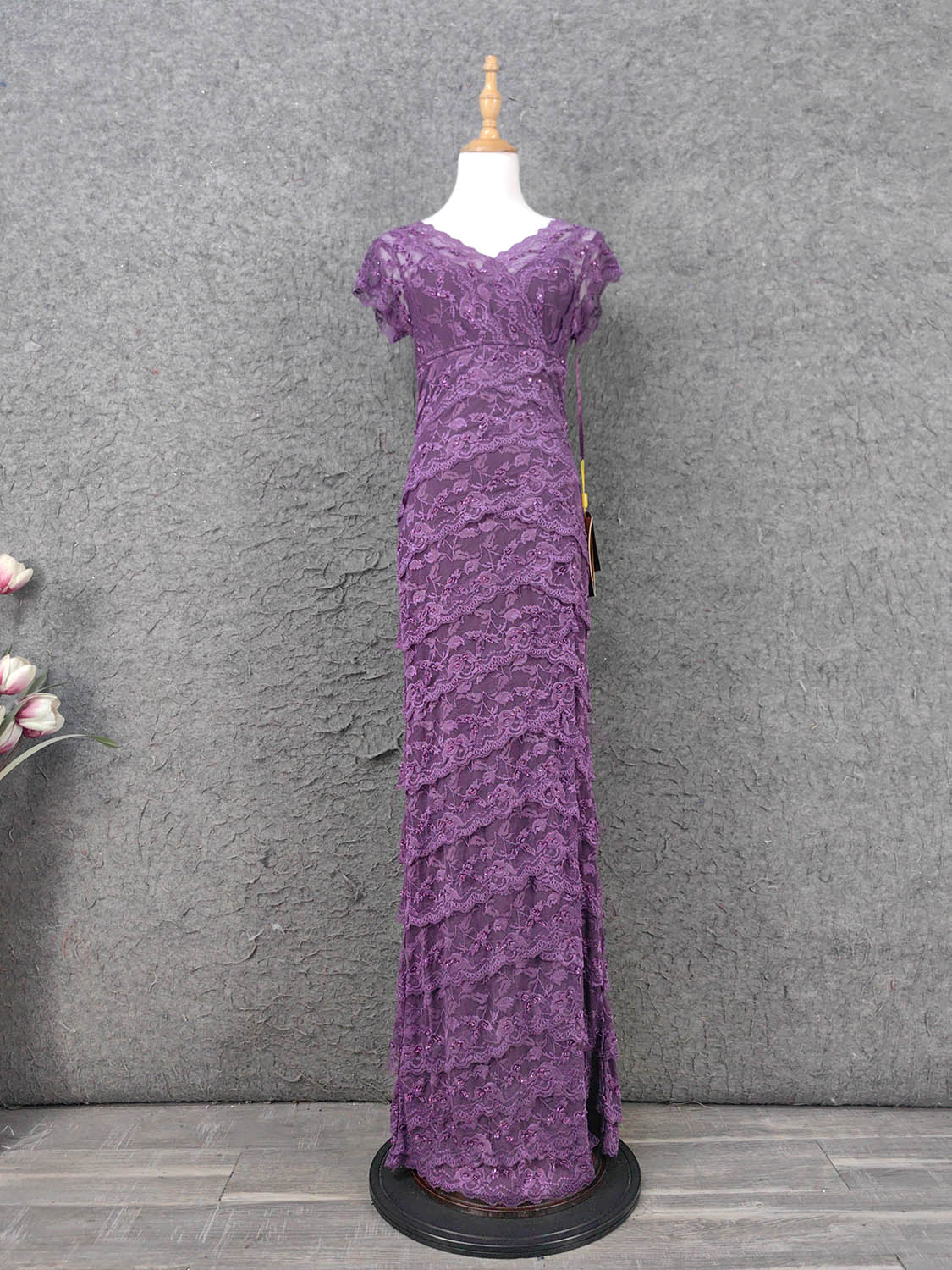 Elegant Purple V-Neck Lace Long Prom Dresses Evening Dresses