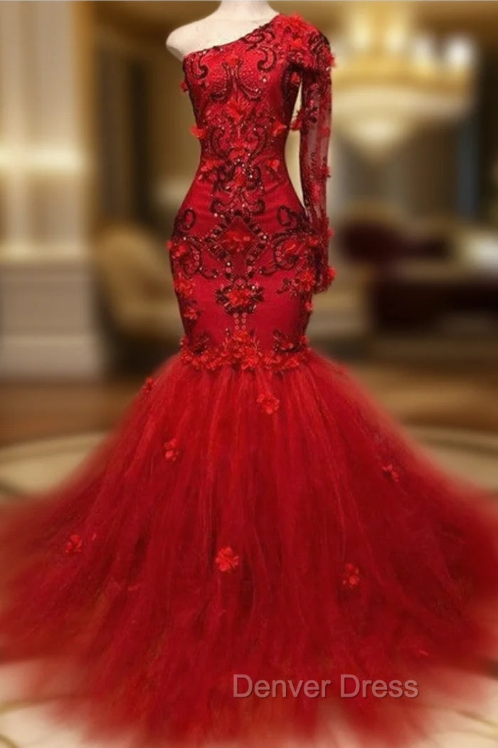Elegant Red One-Shoulder Long-Sleeves Appliques Mermaid Prom Party Gowns Main image