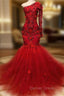 Elegant Red One Shoulder Long Sleeves Appliques Mermaid Prom Gown