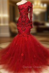 Elegant Red One-Shoulder Long-Sleeves Appliques Mermaid Prom Party Gowns