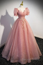 Elegant Red Pink Beaded Rhinestone Fluffy Short Sleeved Ball Dress With Red Pink V Neck Butterfly Patch Flower Dew Back Strap And Floor Length Prom Dresses