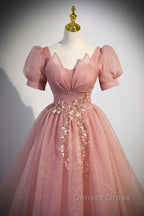 Elegant Red Pink Beaded Rhinestone Fluffy Short Sleeved Ball Dress With Red Pink V Neck Butterfly Patch Flower Dew Back Strap And Floor Length Prom Dresses