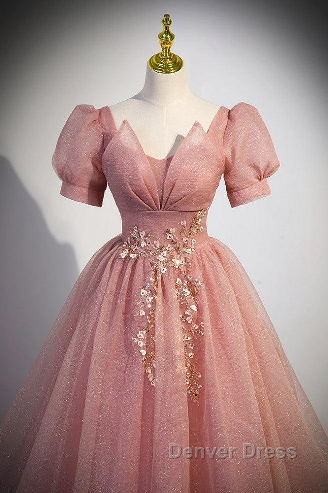 Elegant Red Pink Beaded Rhinestone Fluffy Short Sleeved Ball Dress With Red Pink V Neck Butterfly Patch Flower Dew Back Strap And Floor Length Prom Dresses