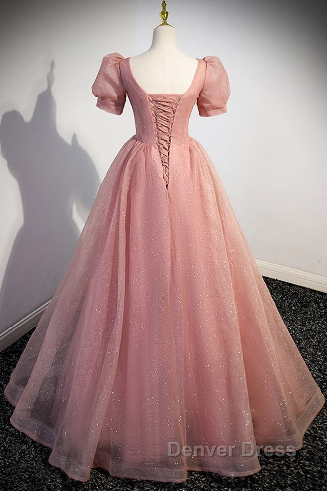 Elegant Red Pink Beaded Rhinestone Fluffy Short Sleeved Ball Dress With Red Pink V Neck Butterfly Patch Flower Dew Back Strap And Floor Length Prom Dresses