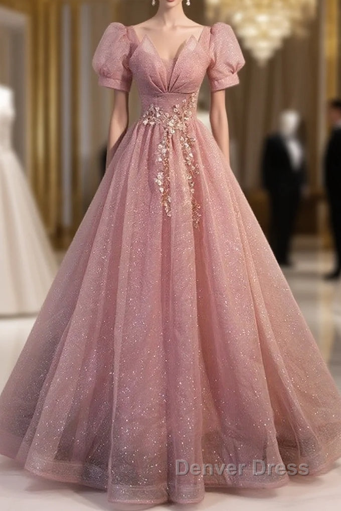 Elegant Red Pink Beaded Rhinestone Fluffy Short Sleeved Ball Dress With Red Pink V Neck Butterfly Patch Flower Dew Back Strap And Floor Length Prom Dresses Main image