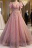 Elegant Red Pink Beaded Rhinestone Fluffy Short Sleeved Ball Dress With Red Pink V Neck Butterfly Patch Flower Dew Back Strap And Floor Length Prom Dresses