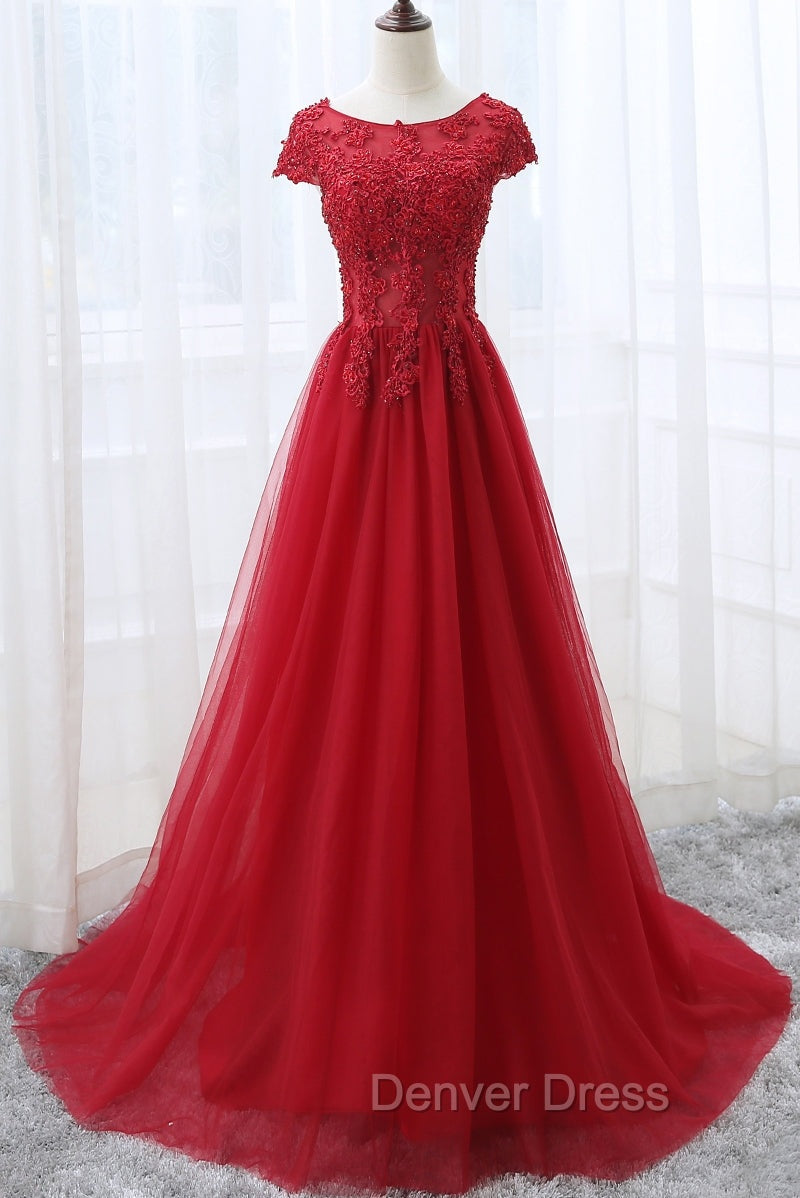 Elegant Red Tulle Long Prom Dresses with Lace Applique, Red Party Gowns Secondary image
