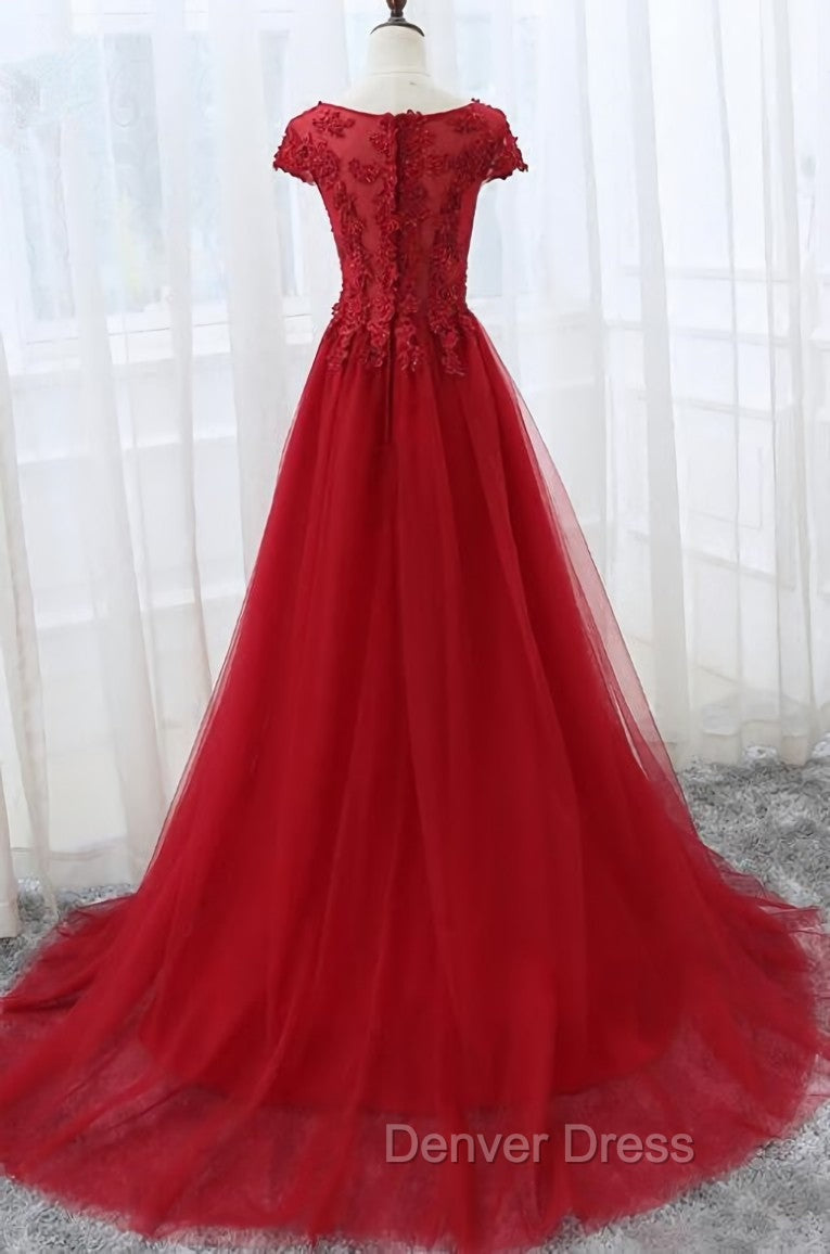 Elegant Red Tulle Long Prom Dresses with Lace Applique, Red Party Gowns