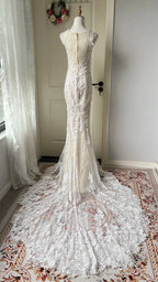 Elegant Retro White Mermaid Round Neck Lace Train Prom Dresses Evening Dresses Wedding Dresses