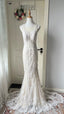 Elegant Retro White Mermaid Round Neck Lace Train Prom Dresses Evening Dresses Wedding Dresses