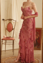 Elegant Rose Pink Mermaid Deep V-Neck Thin Strap Chiffon Long Prom Dresses Evening Dresses