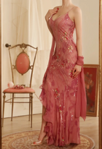 Elegant Rose Pink Mermaid Deep V-Neck Thin Strap Chiffon Long Prom Dresses Evening Dresses