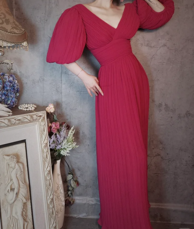 Elegant Rose Pink V-Neck Puff Sleeve Pleated Long Prom Dresses Evening Dresses Secondary image
