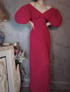 Elegant Rose Pink V-Neck Puff Sleeve Pleated Long Prom Dresses Evening Dresses