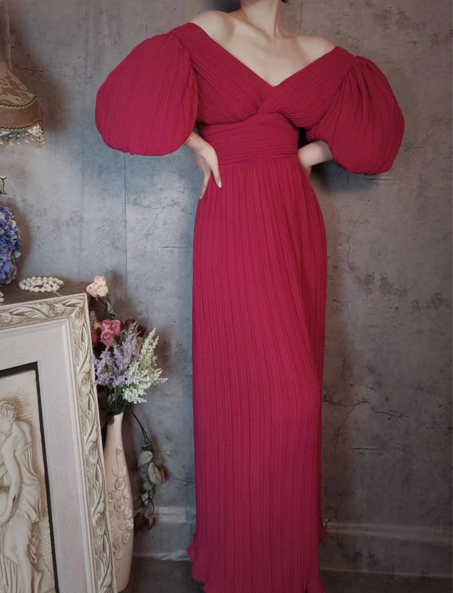 Elegant Rose Pink V-Neck Puff Sleeve Pleated Long Prom Dresses Evening Dresses