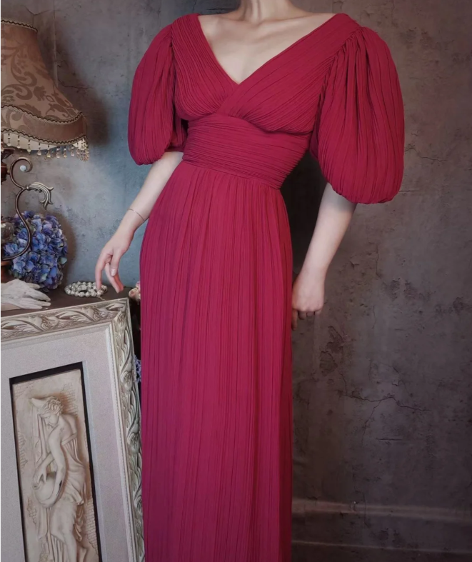 Elegant Rose Pink V-Neck Puff Sleeve Pleated Long Prom Dresses Evening Dresses