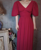 Elegant Rose Pink V-Neck Puff Sleeve Pleated Long Prom Dresses Evening Dresses