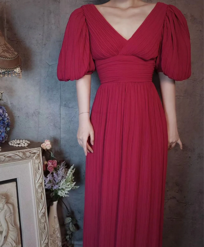 Elegant Rose Pink V-Neck Puff Sleeve Pleated Long Prom Dresses Evening Dresses
