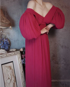 Elegant Rose Pink V-Neck Puff Sleeve Pleated Long Prom Dresses Evening Dresses