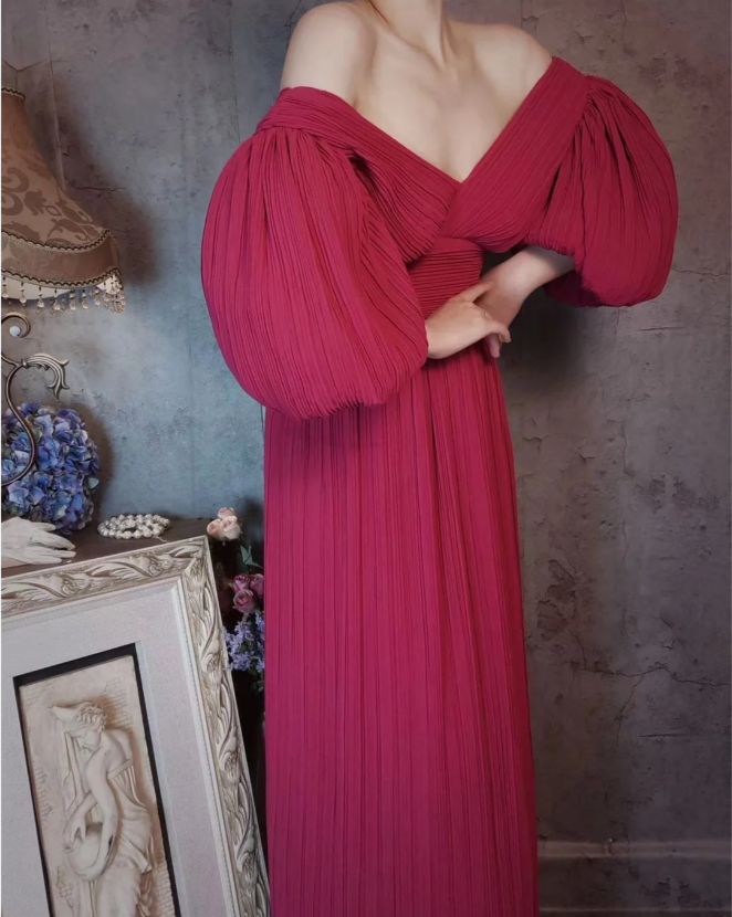Elegant Rose Pink V-Neck Puff Sleeve Pleated Long Prom Dresses Evening Dresses
