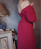Elegant Rose Pink V-Neck Puff Sleeve Pleated Long Prom Dresses Evening Dresses