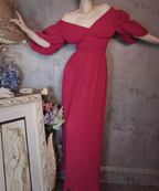 Elegant Rose Pink V-Neck Puff Sleeve Pleated Long Prom Dresses Evening Dresses