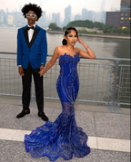 Elegant Royal Blue Sequin Beaded Appliques Mermaid Prom Dress