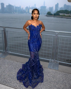 Elegant Royal Blue Sequin Beaded Appliques Mermaid Prom Dress