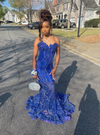 Elegant Royal Blue Sequin Beaded Appliques Mermaid Prom Dress