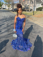 Elegant Royal Blue Sequin Beaded Appliques Mermaid Prom Dress