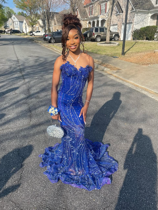 Elegant Royal Blue Sequin Beaded Appliques Mermaid Prom Dress
