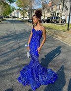 Elegant Royal Blue Sequin Beaded Appliques Mermaid Prom Dress