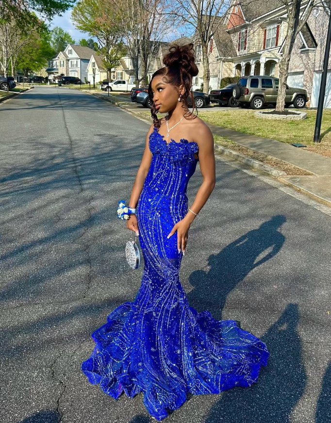 Elegant Royal Blue Sequin Beaded Appliques Mermaid Prom Dress
