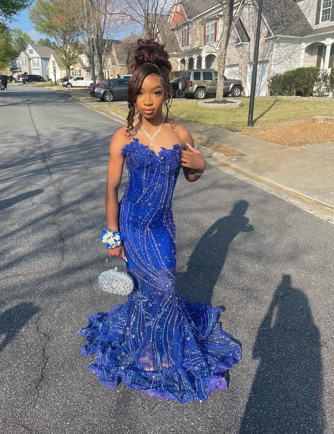 Elegant Royal Blue Sequin Beaded Appliques Mermaid Prom Dress