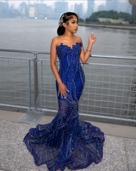 Elegant Royal Blue Sequin Beaded Appliques Mermaid Prom Dress