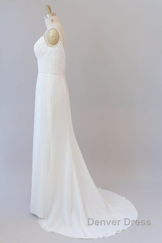 Elegant Ruffle Beading Chiffon Sheath Wedding Dresses