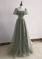 Elegant Sage Green A-Line Square Neck Short Sleeve Tulle Long Prom Dresses Evening Dresses