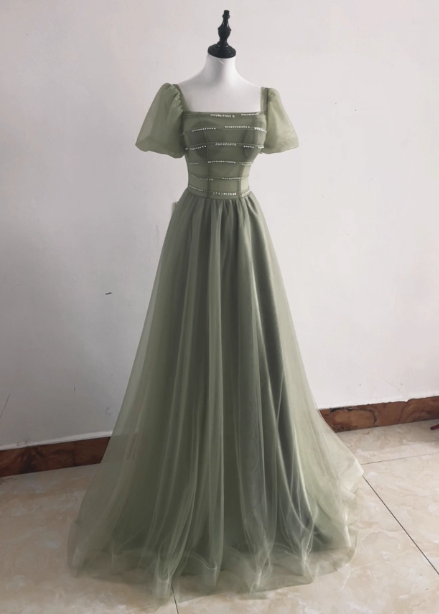 Elegant Sage Green A-Line Square Neck Short Sleeve Tulle Long Prom Dresses Evening Dresses