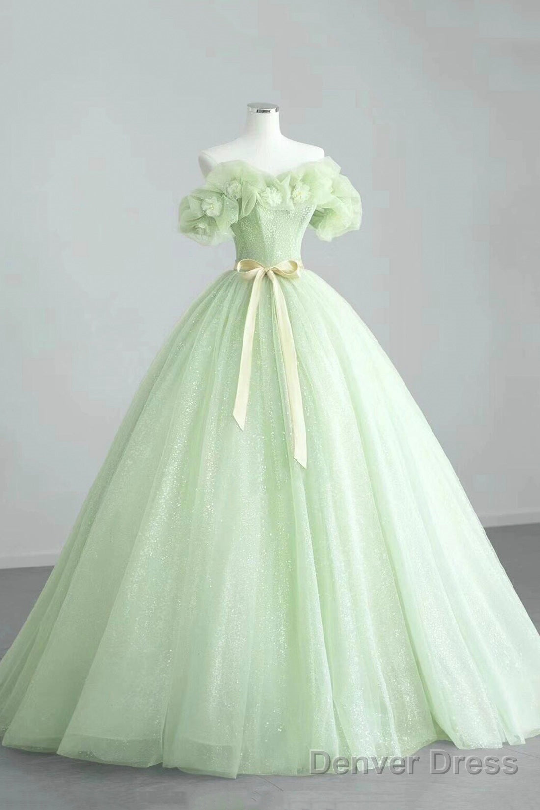 Elegant Sage Green Long Prom Dress, A Line Off The Shoulder Prom Dresses