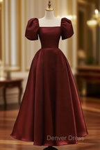 Elegant Satin A Line Ankle length Short Sleeve Prom Dresses with Ruching