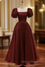 Elegant Satin A Line Ankle length Short Sleeve Prom Dresses with Ruching