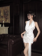Elegant Satin Backless Halter Neck White Slim Fit Birthday Short Skirt Homecoming Dresses