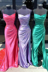 Elegant Satin Mermaid Prom Dresses  With Pleated Bodice, Spaghetti Strap & Slit Fd5090