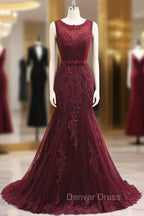 Elegant Scoop Sleeveless Tulle Mermaid Appliques Sequins Zipper Prom Dresses