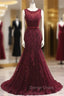 Elegant Scoop Sleeveless Tulle Mermaid Appliques Sequins Zipper Prom Dresses