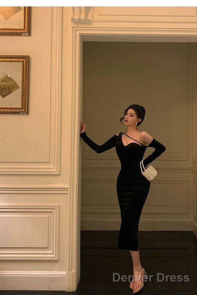 Elegant Sheath One Shoulder Black Prom Dresses Birthday Outfits Evening Gown