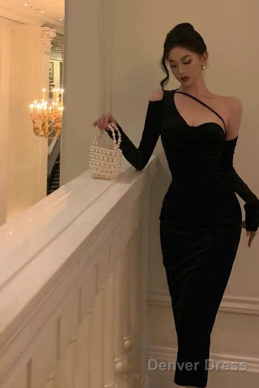 Elegant Sheath One Shoulder Black Prom Dresses Birthday Outfits Evening Gown