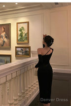 Elegant Sheath One Shoulder Black Prom Dresses Birthday Outfits Evening Gown