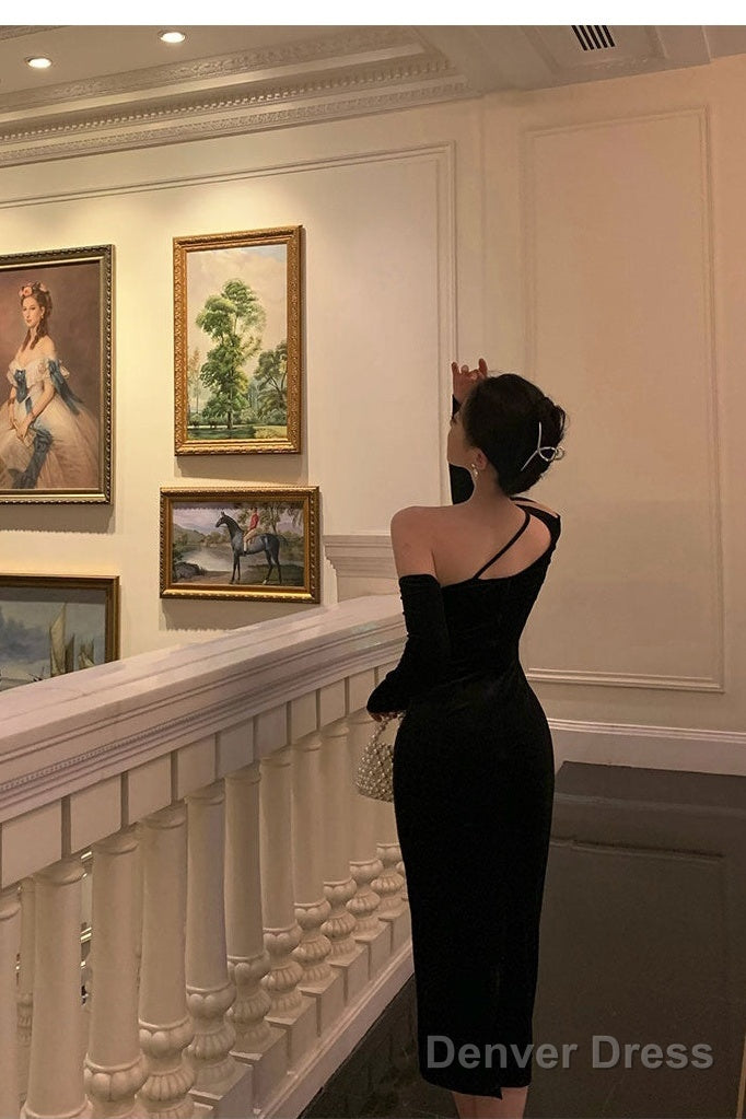 Elegant Sheath One Shoulder Black Prom Dresses Birthday Outfits Evening Gown